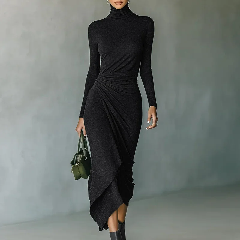 Spring Casual Turtleneck Slim Irregular Dress Woman Elegant Solid Draped Long Dress New Autumn Long Sleeve Femme Boho Dress