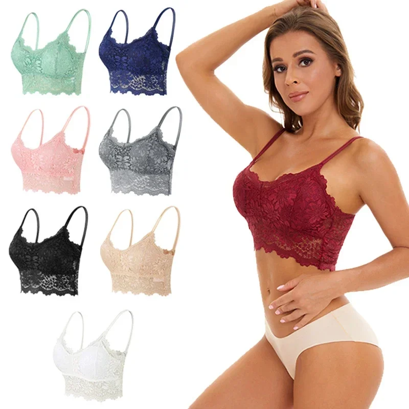 Women Sexy V Neck Bras Lace Vest Crop Top Wirefree Bra Female Underwear Seamless Push Up Bralette Chest Pad Tops