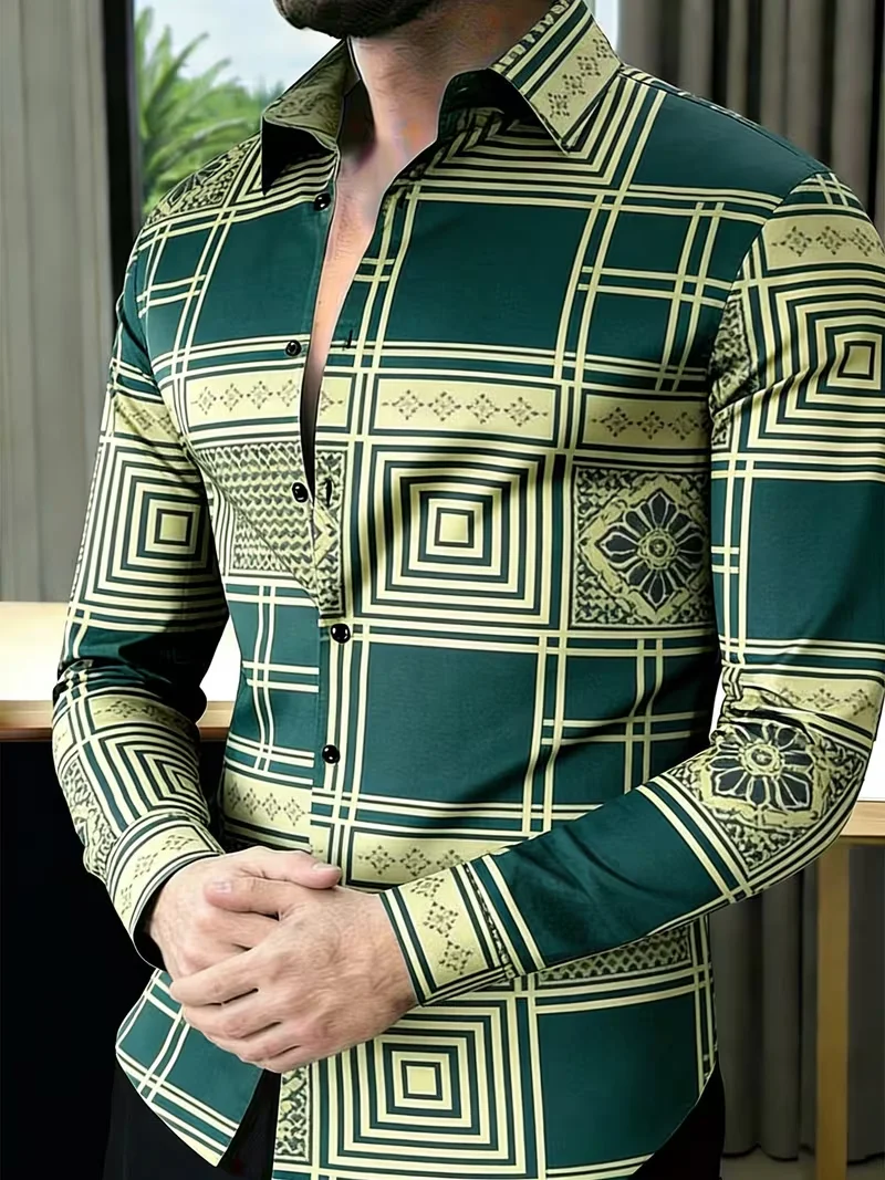New men's gilded gold bottle Baroque vine flower print long sleeved shirt with hanging collar top clothing