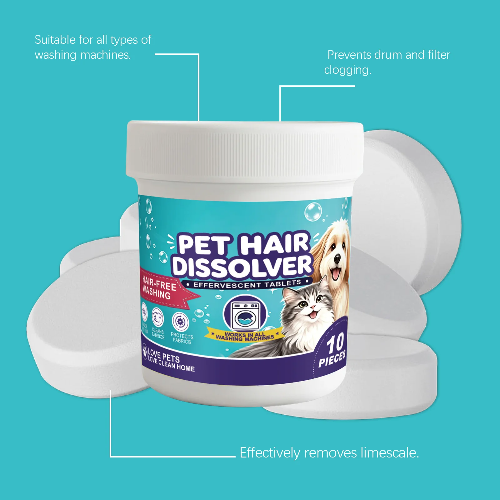 10PCS Pet Hair Dissolver Tablets Daily Household Cleaning Dirts Eliminate Bad Odors Mild Pet Hair Dissolver for Laundry Machine