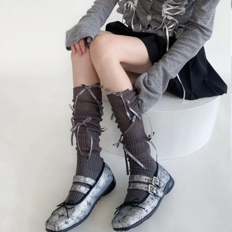 Women Girls Rib Knitted Glittering Over the Calf Socks Japanese Style Ribbon Bowknot Loose Slouch Long Socks Stockings