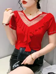 2024 New Design Charming Diamond Set Solid T-shirt Ruffles Spring Summer Woman M-3XL Short Sleeve V-neck Hollow Out Splicing