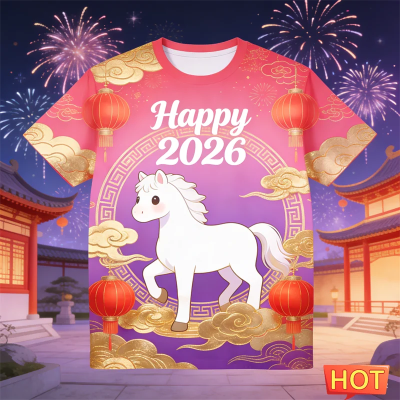 

2026 New Horse Graphic New Year T Shirts For Men Fashion Trendy Short Sleeve 3D Printed O Neck T-shirts Casual Oversized Tees