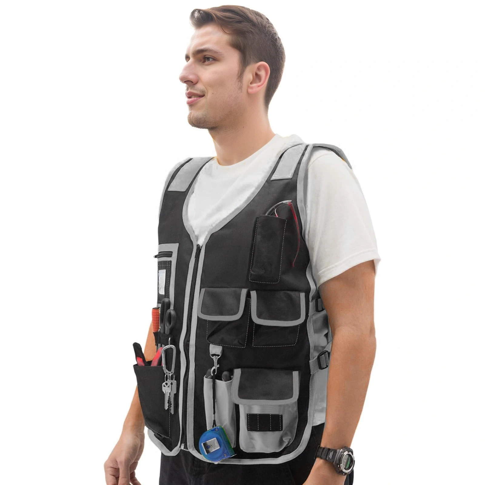 LOEBUCK Carpenter Maintenance Personnel Outdoor Work Receive Vest Tool Vest (Black Gray, Orange) Free Adjustment 100KG-220KG