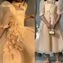 Customized Organza Applique Pleat Homecoming A-line Square Neck Bespoke Occasion Gown Midi Dresses