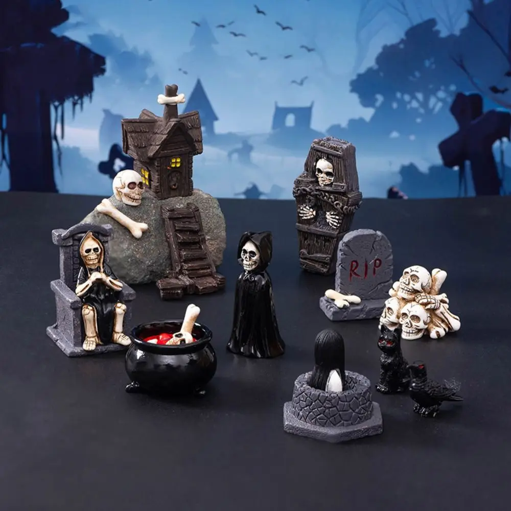 Halloween Miniatur Figur Knochen Schädel Sarg Haus Stuhl Cartoon beängstigend Geist Statue Party Ornamente Mikro landschaft
