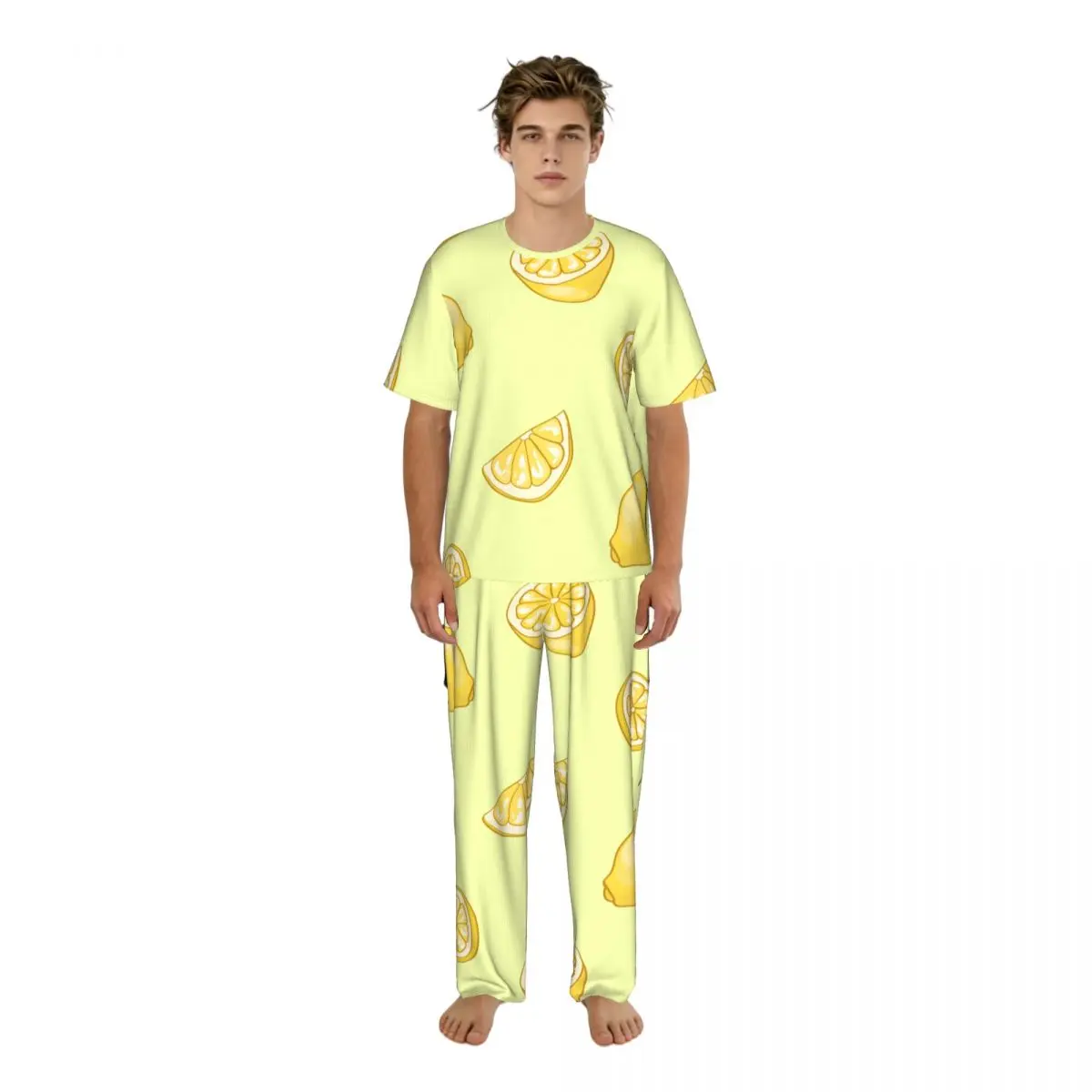 Men's Pajamas Set Summer Short-Sleeve Tops + Long Pants Nightwear Home Wear Suits Light Summer Lemon Sleepwear