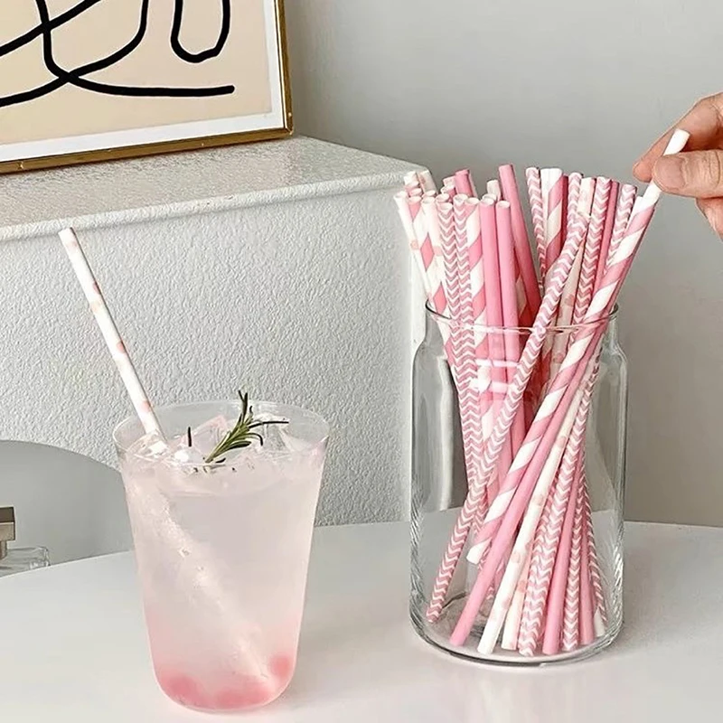 25PCS Party Straws For Juice Cocktails Smoothies Birthday Wedding Christmas Decorations Biodegradable Pink Paper Straws