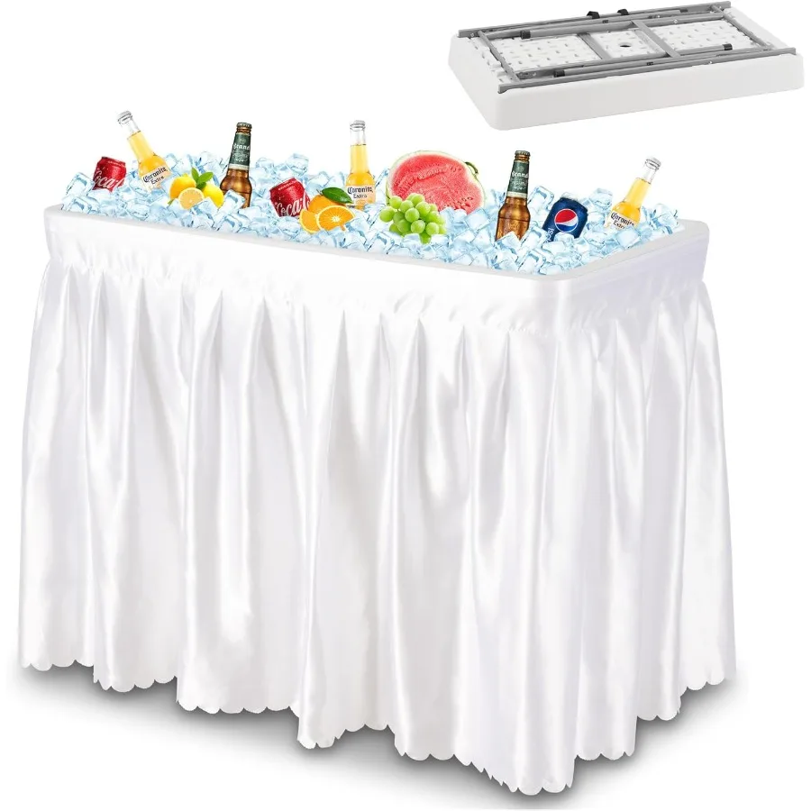 Outdoor Cooler Table with Drain Folding Ice Cooler Table with Removable Matching Skirt Portable Table Coolers 4 Foot for Party