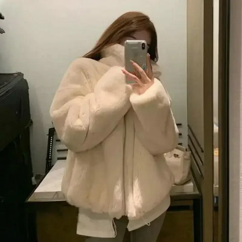 Women\'s Winter Jacket Fashion Solid Color Faux Fur Coat Korean Version Loose Simplicity Stand-up Collar Women\'s Clothing Coat