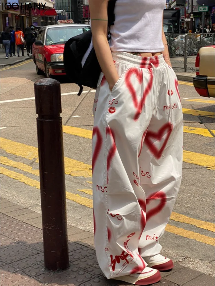 

Graffiti Love Print Women's Y2K Overalls Harajuku Wide Leg American Retro Pants Loose Casual Hip Hop Street Mopping Clothing