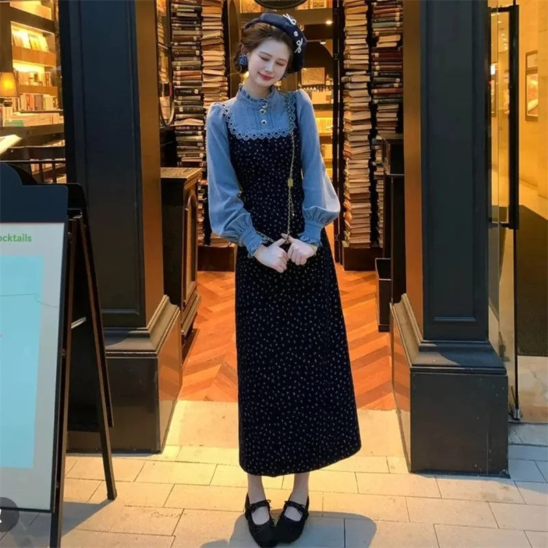 Women Color Blocking  Fake Two Pieces A-line Dresses Summer Female Stand Collar Maxi Dress French Lady Long Sleeves Long Dresses