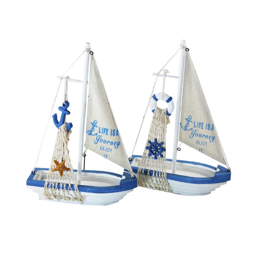 

Mediterranean Sailing Boat Wood Decoration Blue Wooden Sailing Boat Ornament Home Office Desk Nautical Theme