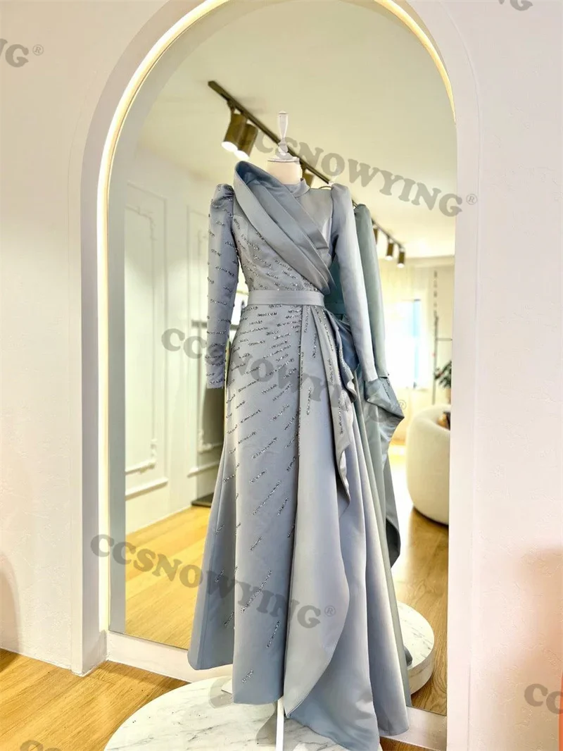 

Elegant Satin Beaded Muslim Evening Dress Long Sleeve Hijab Islamic Formal Party Gown Women Arabic Dubai Robe De Soiree