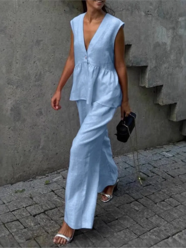 

Elegant Women Summer Loose Two Piece Sets Fashion Sleeveless Single Button Vests Wide Leg Pants Suit Casual Office Lady Outfits