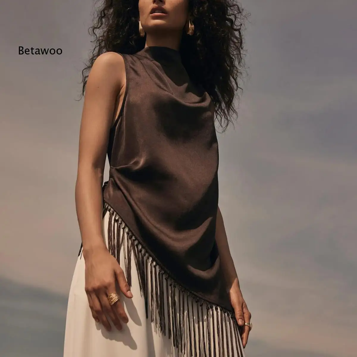 Women Satin Cowl Neck Sleeveless Asymmetric Tassel Fringe Hem Top Draped Hanky Hem Loose Boho Blouse for Daily