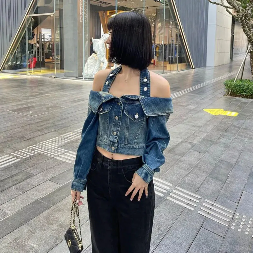 2024 Early Spring Temperament Denim Jacket Sexy Hot Girl Halter Shirts Tops Streetwear Long Sleeve Slim Jean Blouses Female Coat