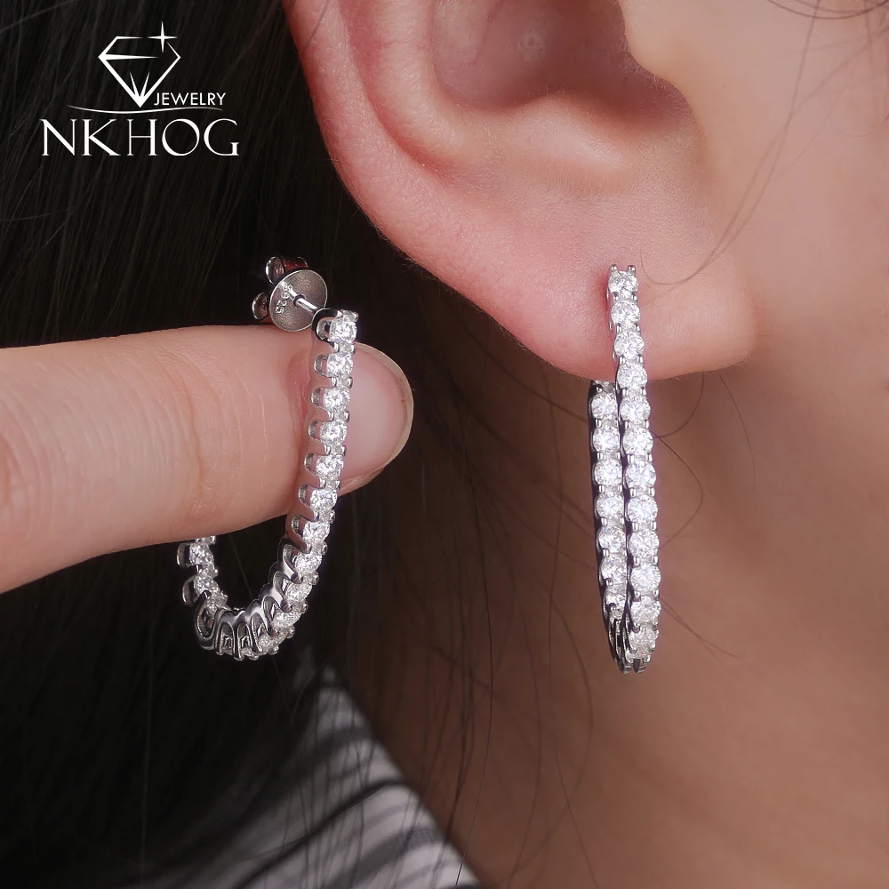 

NKHOG 2.2mm Full Moissanite Hoop Earring For Women S925 Silver Luxury Lab Diamond Wedding Party Ear Stud 18K Plated Fine Jewelry