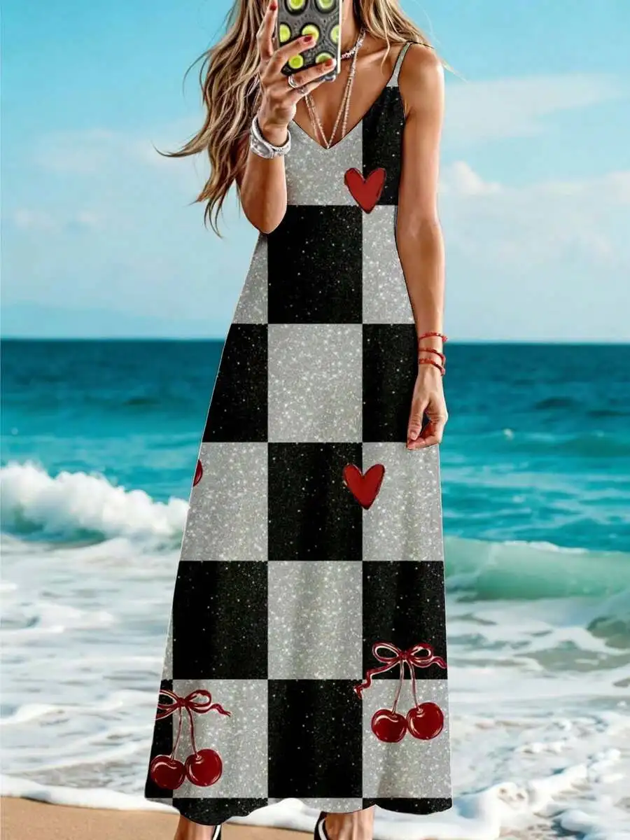 

Women Sleeveless Maxi Dress Black White Checkered Red Hearts Cherries Print Beach Summer Outfit