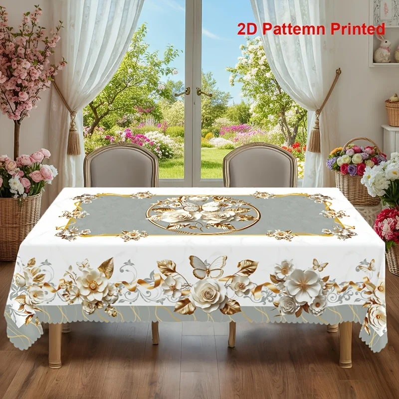 2D Spring/Summer theme party tablecloth, featuring luxurious butterfly and rose flower print patterns.PMJ