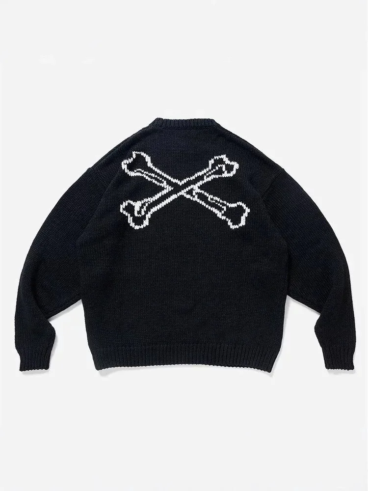 WTAPS Unisex Skull Pattern Knitted Sweater Japanese Retro Streetwear Heavyweight Loose Long Sleeve Casual Couple Pullover Top