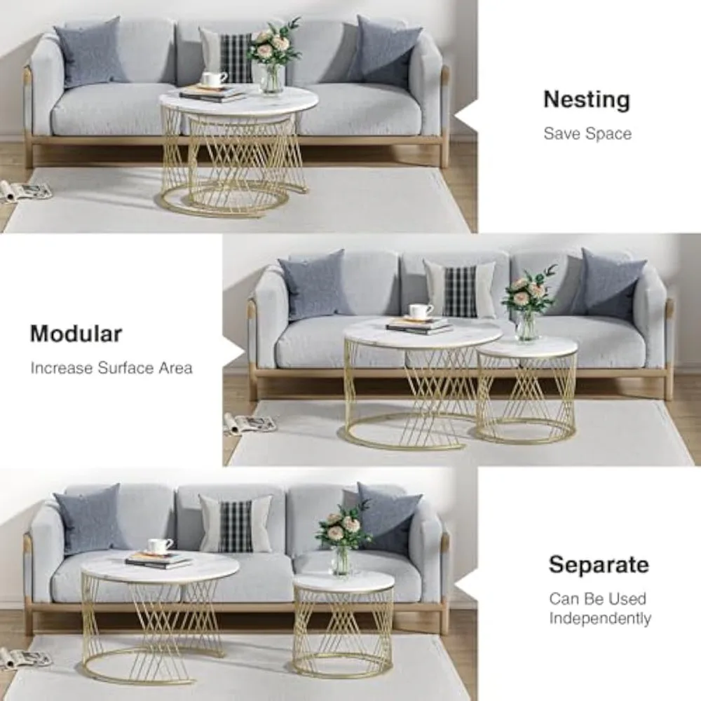 Giluta Round Coffee Table Set of 2, Modern Coffee Tables for Living Room, Faux Marble Center Table, Nesting Coffee Table Simple