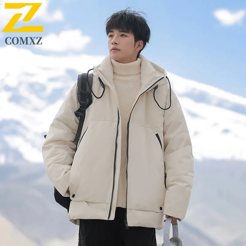 COMXZ Men's Cotton Padded Jacket New Trendy Loose Solid Color Hooded Travel Padding Coat Snowy Comfortable Outdoor Padded Jacket
