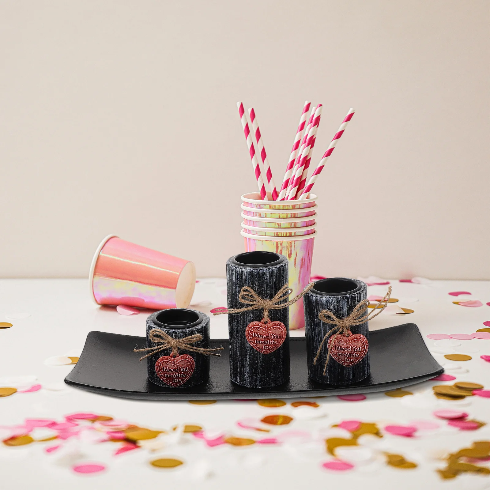 

Valentine's Day Heart Shaped Holder Set Vintage Wood Tealight Decor for Living Room Coffee Table Dining Table Centerpiece