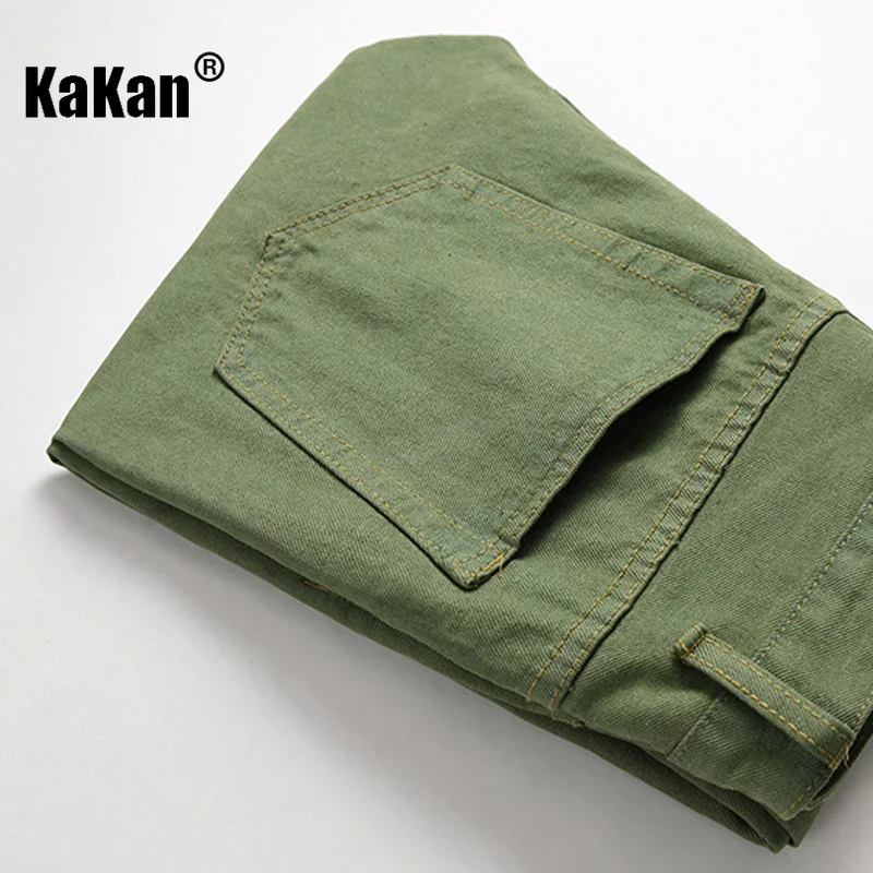 Kakan - European and American New Stretch Perforated Jeans for Men, High Street Washed Old Army Green Long Jeans K36-336