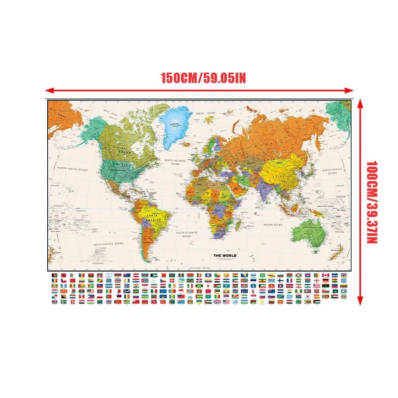 Póster de tela no tejida de 150x100cm con mapa físico del mundo para educación y cultura, pintura mural vintage, decoración del hogar