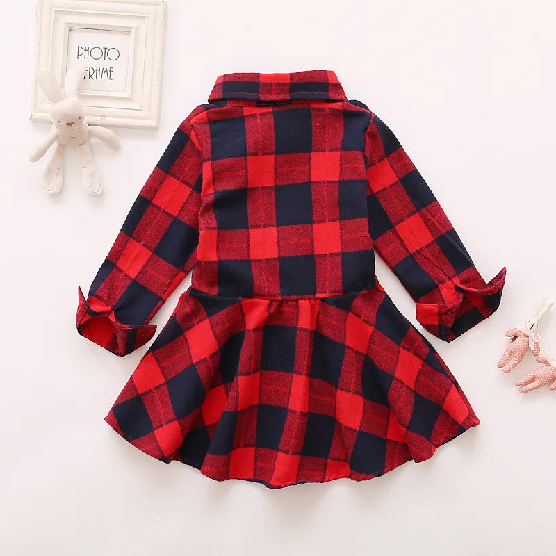 Girls\' Autumn and Winter New Checkered Dress Children\'s Long Sleeve Lapel Belt Bow Spring and Autumn Dress