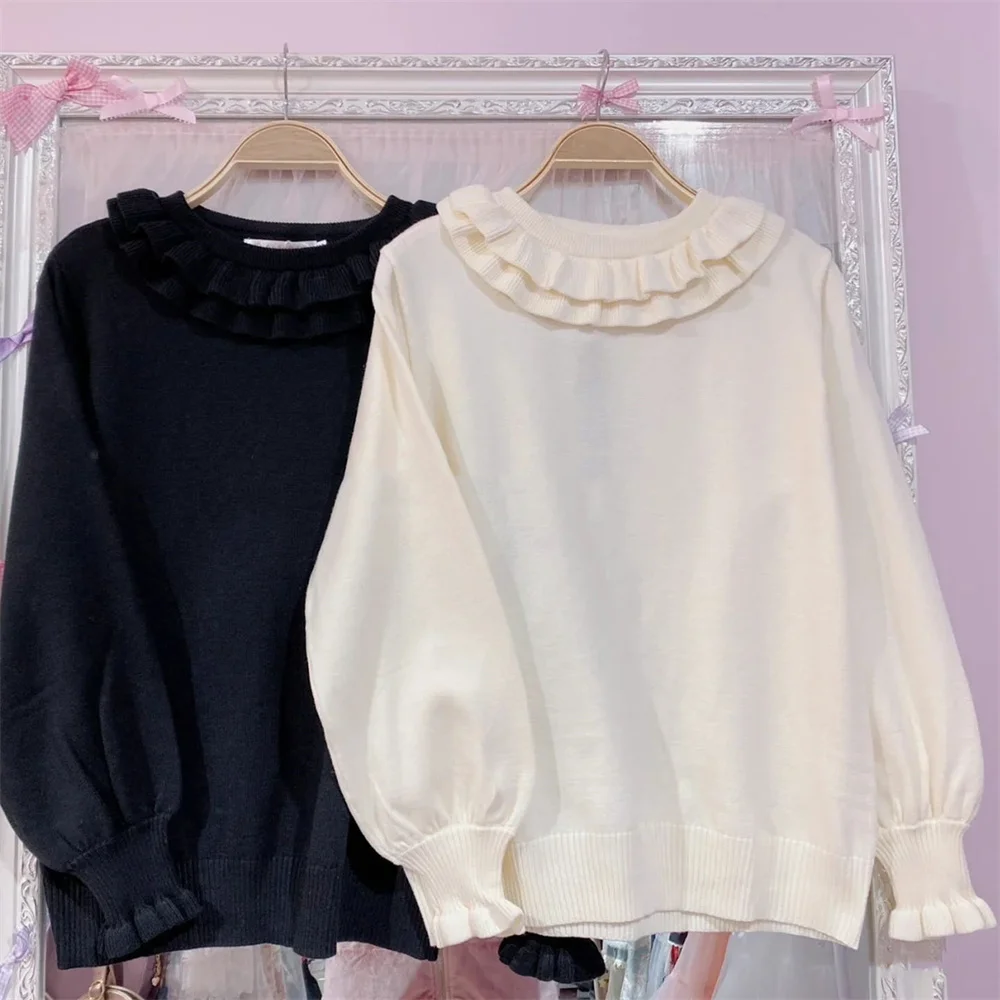 

Женский красный кавайный свитер с высоким воротником в японском стиле, винтажный мягкий свитер с рукавами-фонариками для девочек, милый вязаный джемпер в стиле Лолиты, пуловер