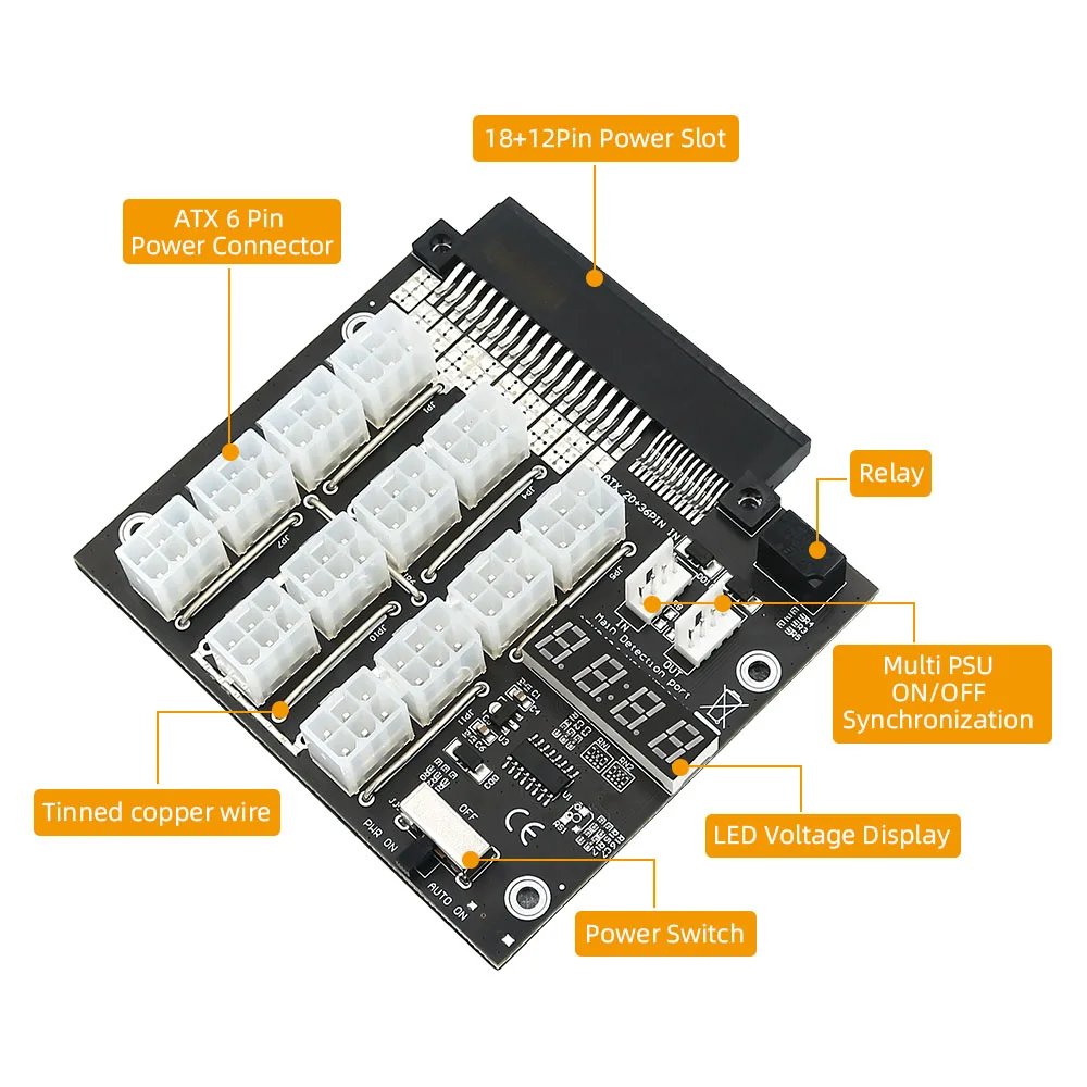 플래시 LED 브레이크 아웃 보드 전원 공급 장치 컨버터, Dell PSU 서버용, BTC 마이닝용, ATX 12 포트, 6 핀, 750W, 1100W, 2000W 전원