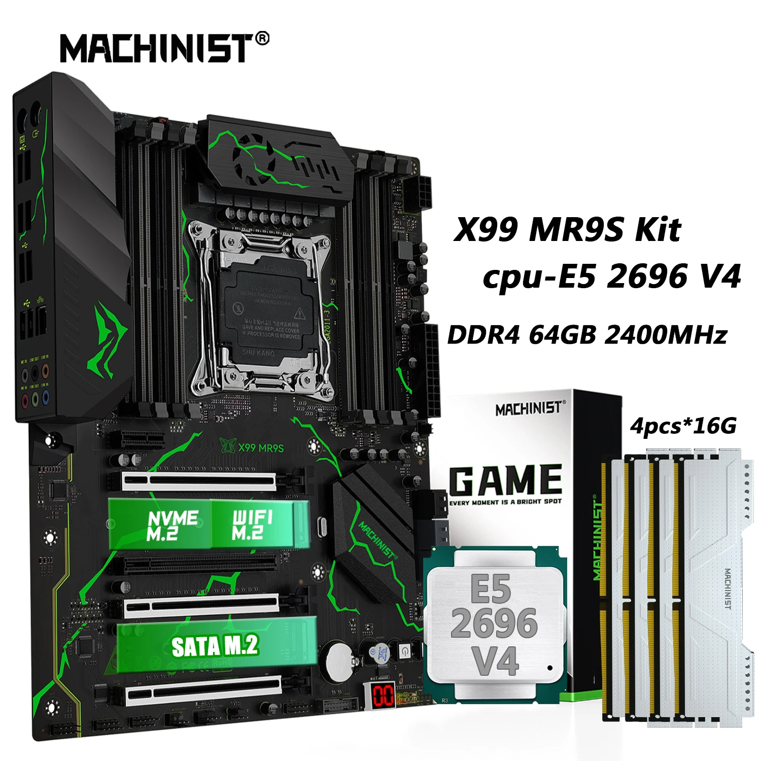 

MACHINIST MR9S X99 Motherboard Combo LGA 2011-3 E5 2696 V4 Kit Xeon CPU DDR4 RAM 4*16GB 2133MHz Memory SSD NVME NGFF M.2 USB 3.0