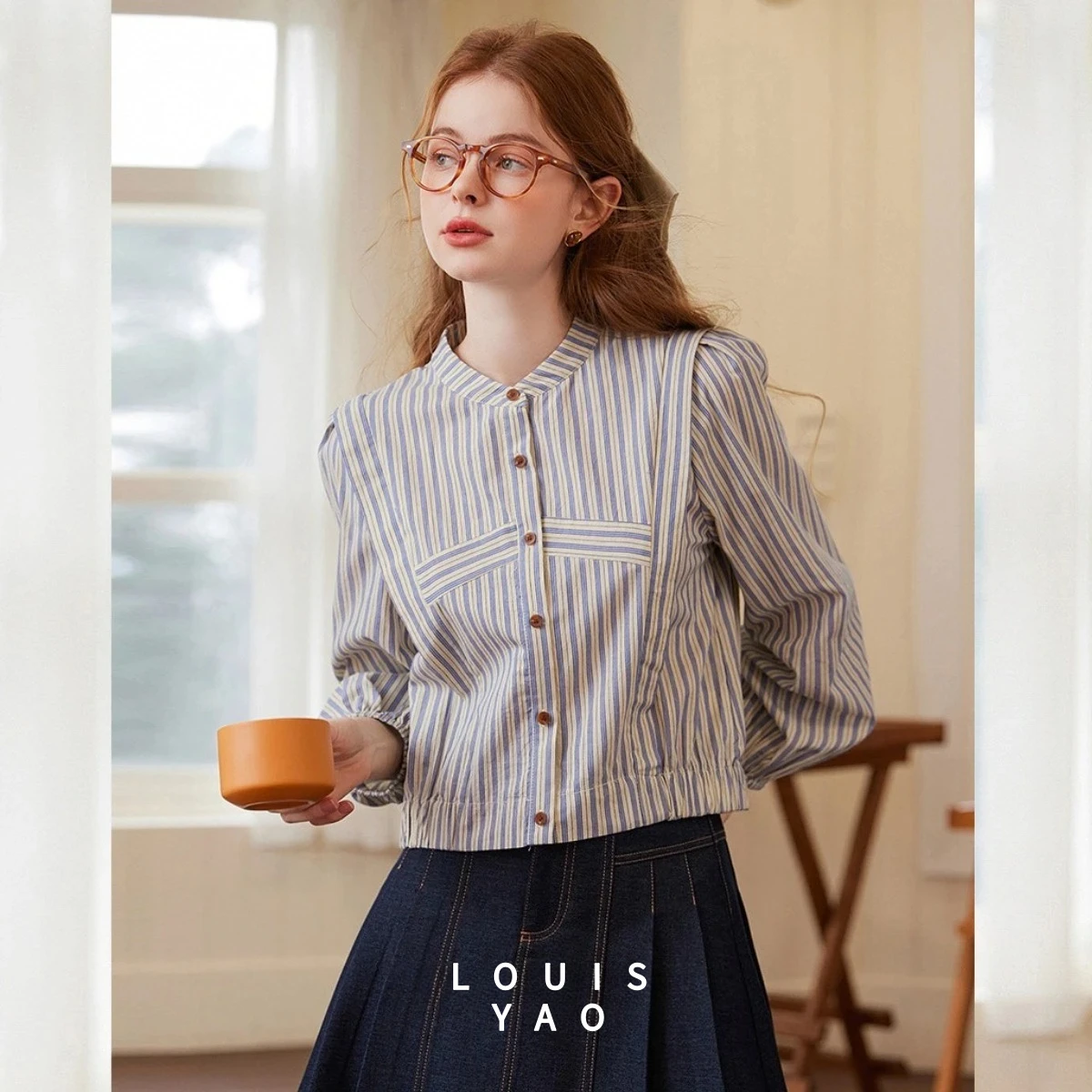 LOUISYAO Plaid Contrast Colour Shirts 2025 Spring Retro Fashion Long-sleeved Women's Shirt Round Neck Non-stretch Women Top