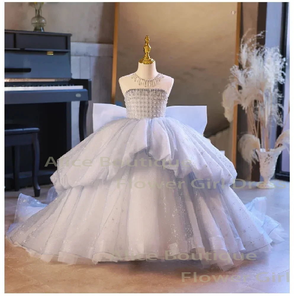Robe de demoiselle d'honneur bleue de luxe, en Tulle, sans bretelles, ligne a, longueur au sol, robe de bal pour enfants, robes d'anniversaire de première Communion