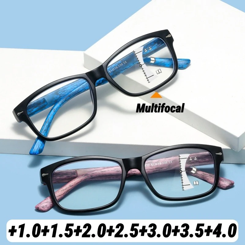 

Retro Wood-Grain Temples Multifocal Presbyopia Glasses Fashion Square Frame Near & Far Vision Anti-blue Light Reading Glasses