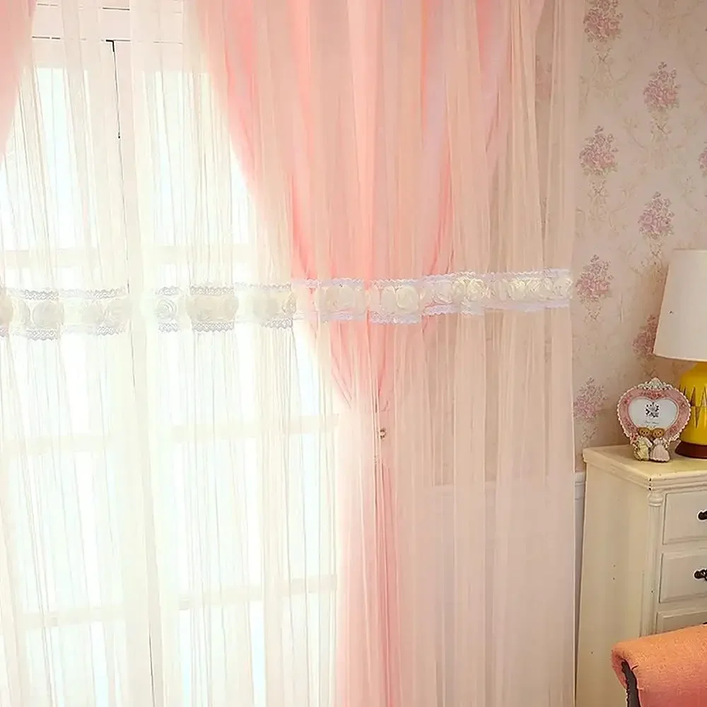 1 Panel 140cm Width Double Layer Curtain with Valance Lace Curtain for Girls Princess Room Bedroom 3D Flower Curtain with Beads