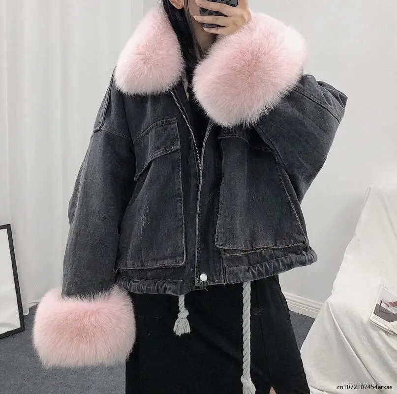 

Fashion Warm Parka Women Winter Crop Puffer Jacket Fur Inside Coat Female Jeans Jacket Ladies Denim Jackets Snow Overcoat