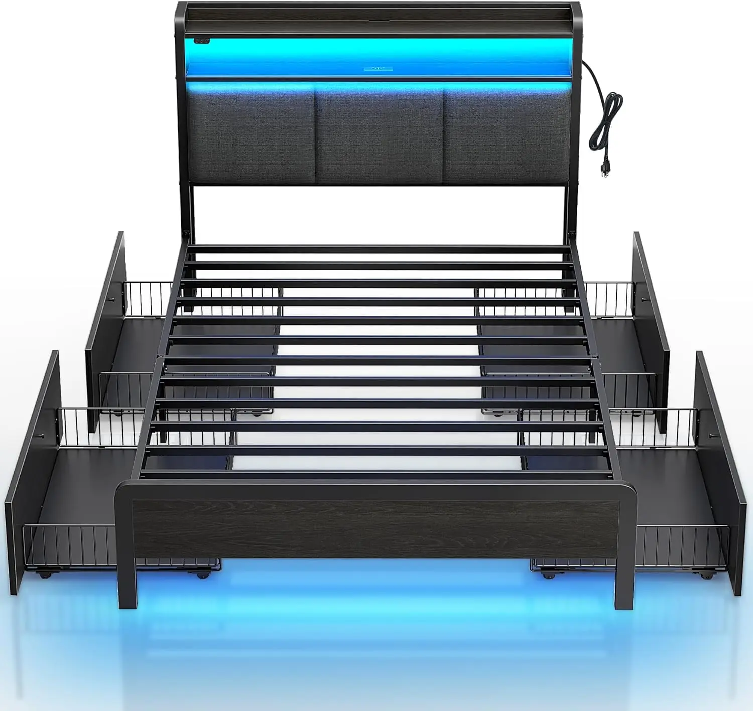 Bedframe twin-size met laadstation en LED-verlichting, gestoffeerd opberghoofdeinde met lades, robuuste metalen latten, nr