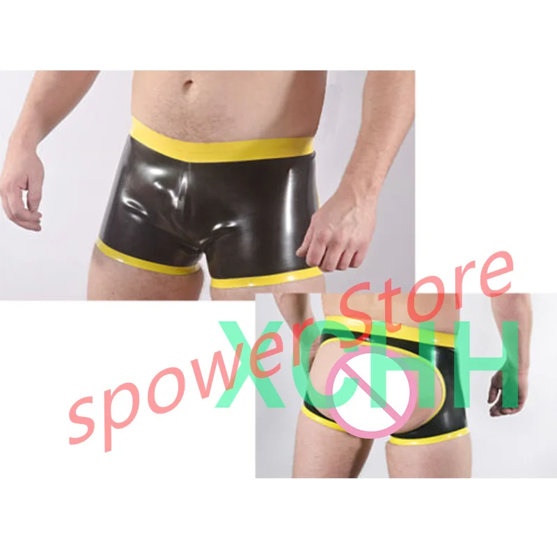 

Latex Panties Sexy Fetish Rubber Shorts Black with Yellow Trim Lingerie Underwear Handmade Cosplay Costume for Men