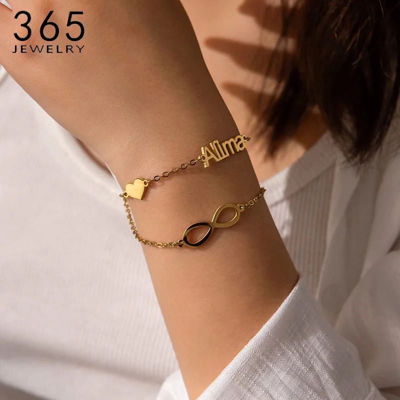 

365 Custom Bracelet Double Layer Name Bracelet Anklet Personalized Jewelry Heart Infinity Shape Stainless Steel For Women Gifts