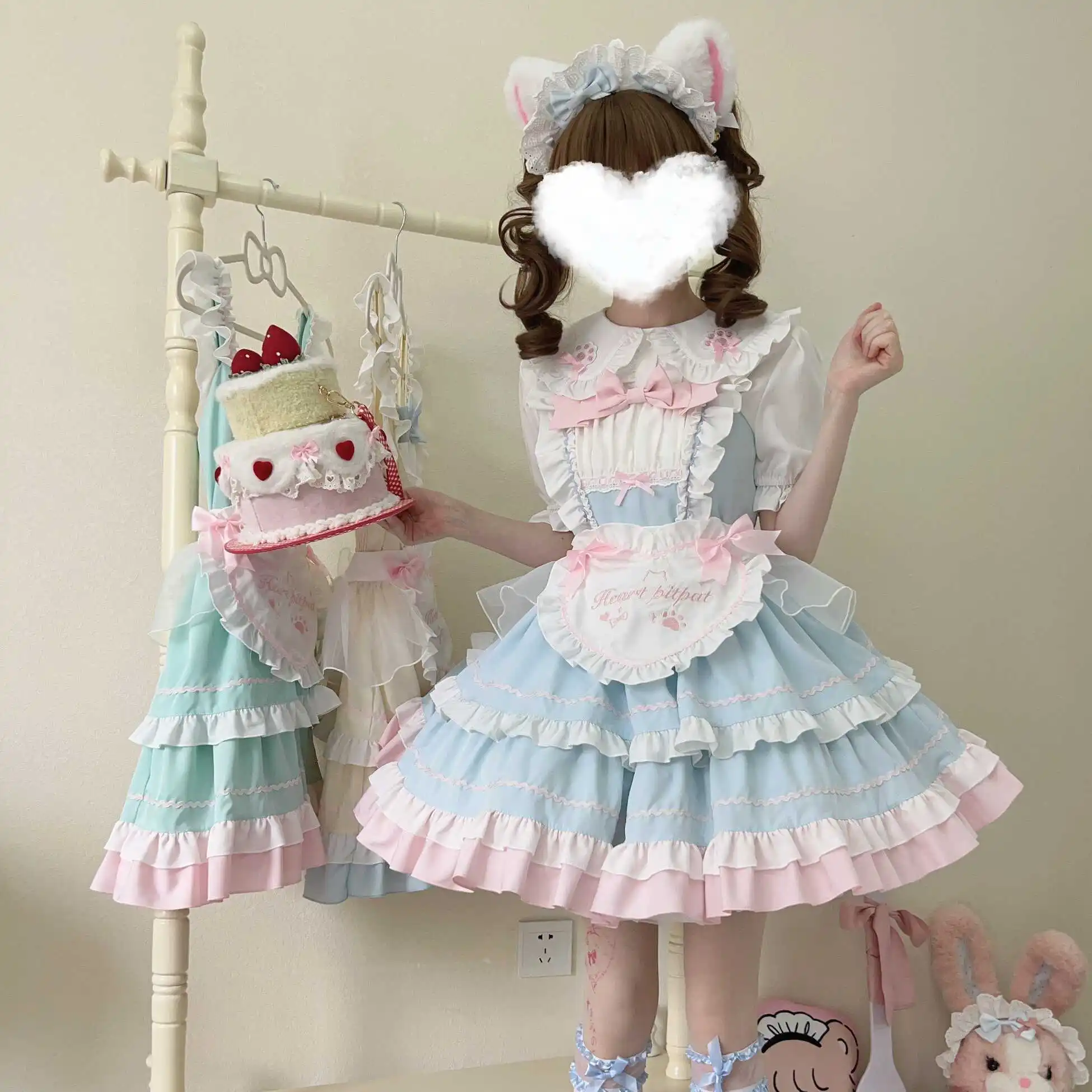 MAGOGO Japanese Kawaii Lolita Princess Dress Set Women Sweet Embroidery Bow Ruffles Apron Jsk Dresses Cute Party Mini Dress