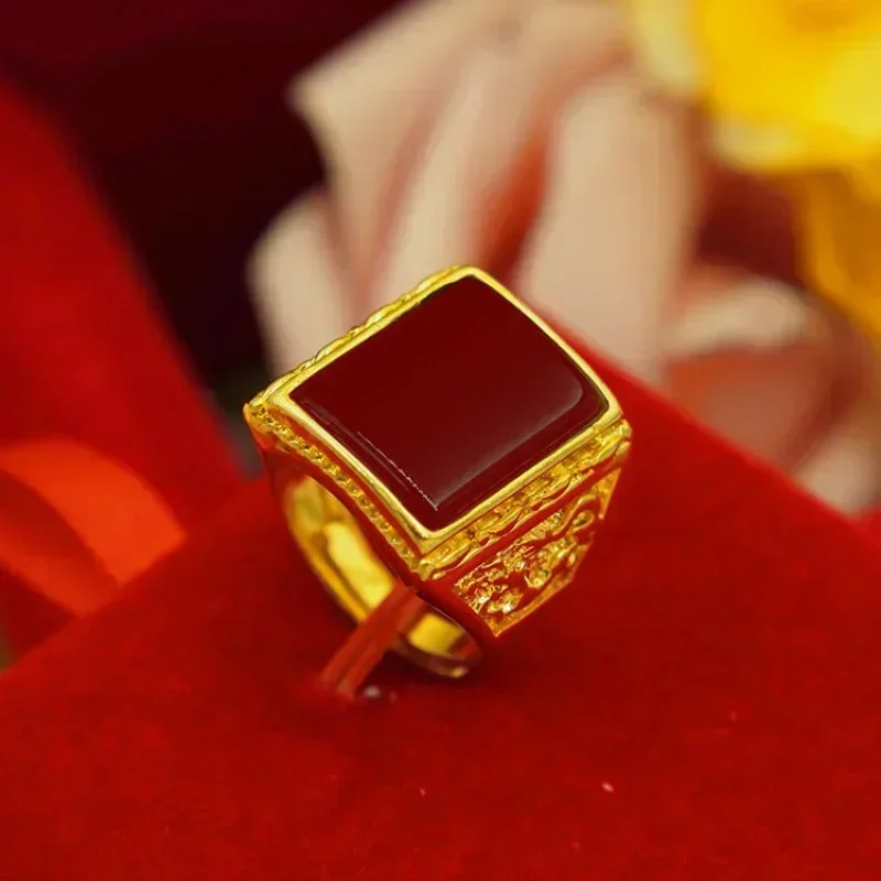 Pure gold ring same style mens AU999 real gold ring 24K agate Pixiu God of Wealth adjustable gold inlaid jade jewelry