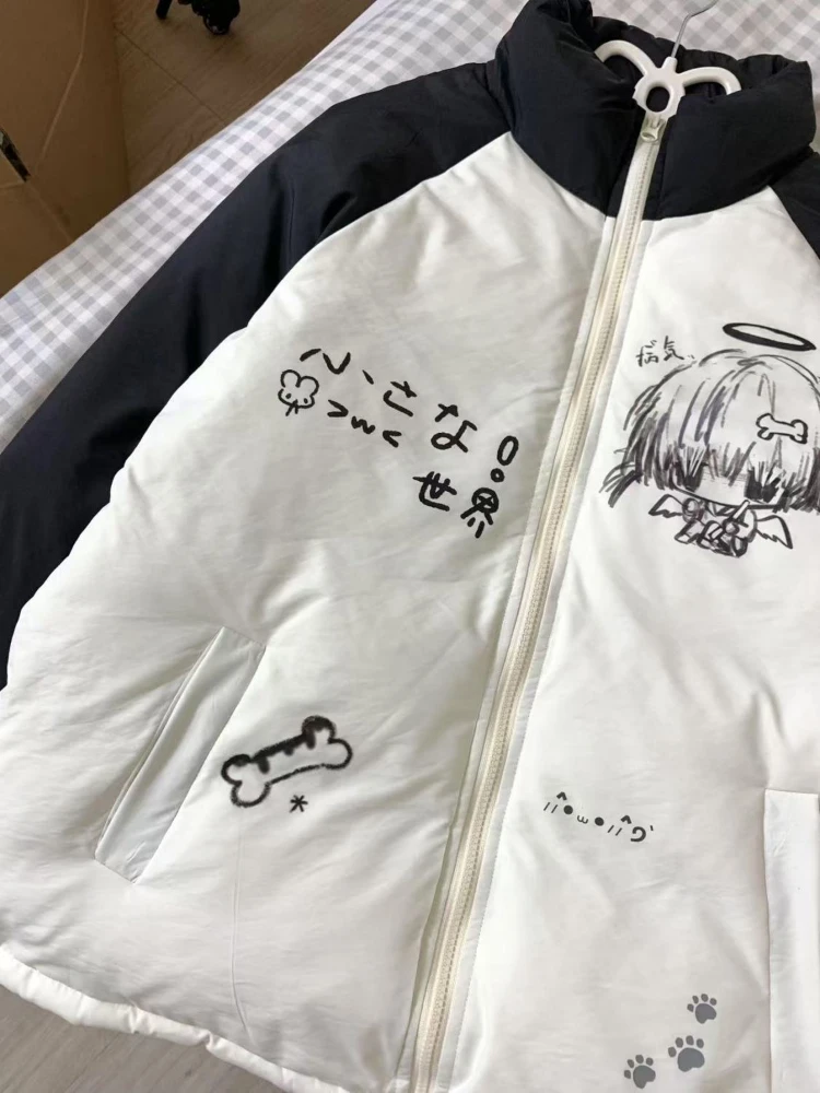 Y2k Aesthetic Contrast Patchwork Parkas Women Harajuku Japanese Cartoon Print Loose Wadded Jacket Casual Grunge Padded Coats