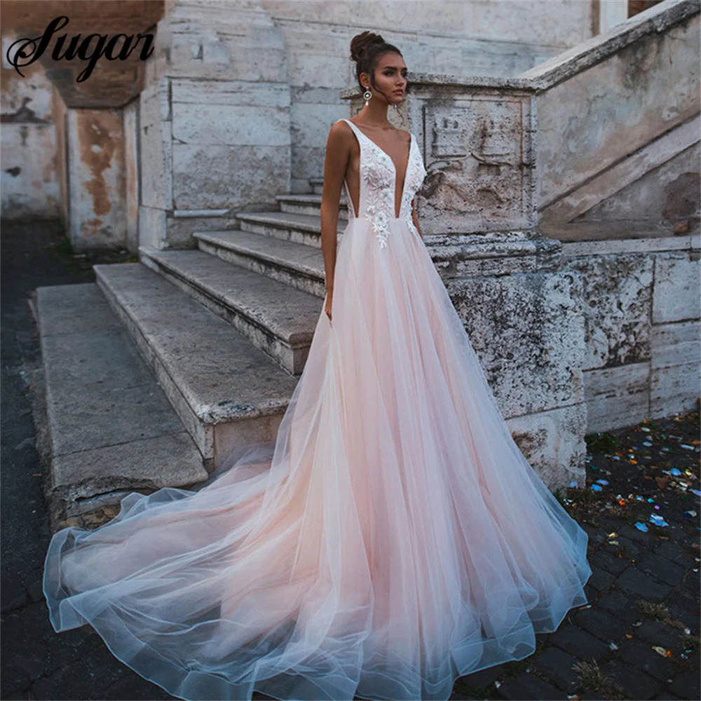 Robe de mariée princesse rose avec appliques en dentelle, robe de mariée A-ligne, robe dos nu en tulle, robe de mariée Boho