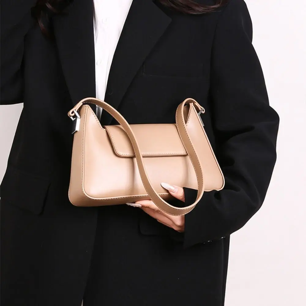 Vintage Solid Color Shoulder Handbag PU Leather Flap Design Square Handbag Multi Pocket Underarm Bag Office Dating