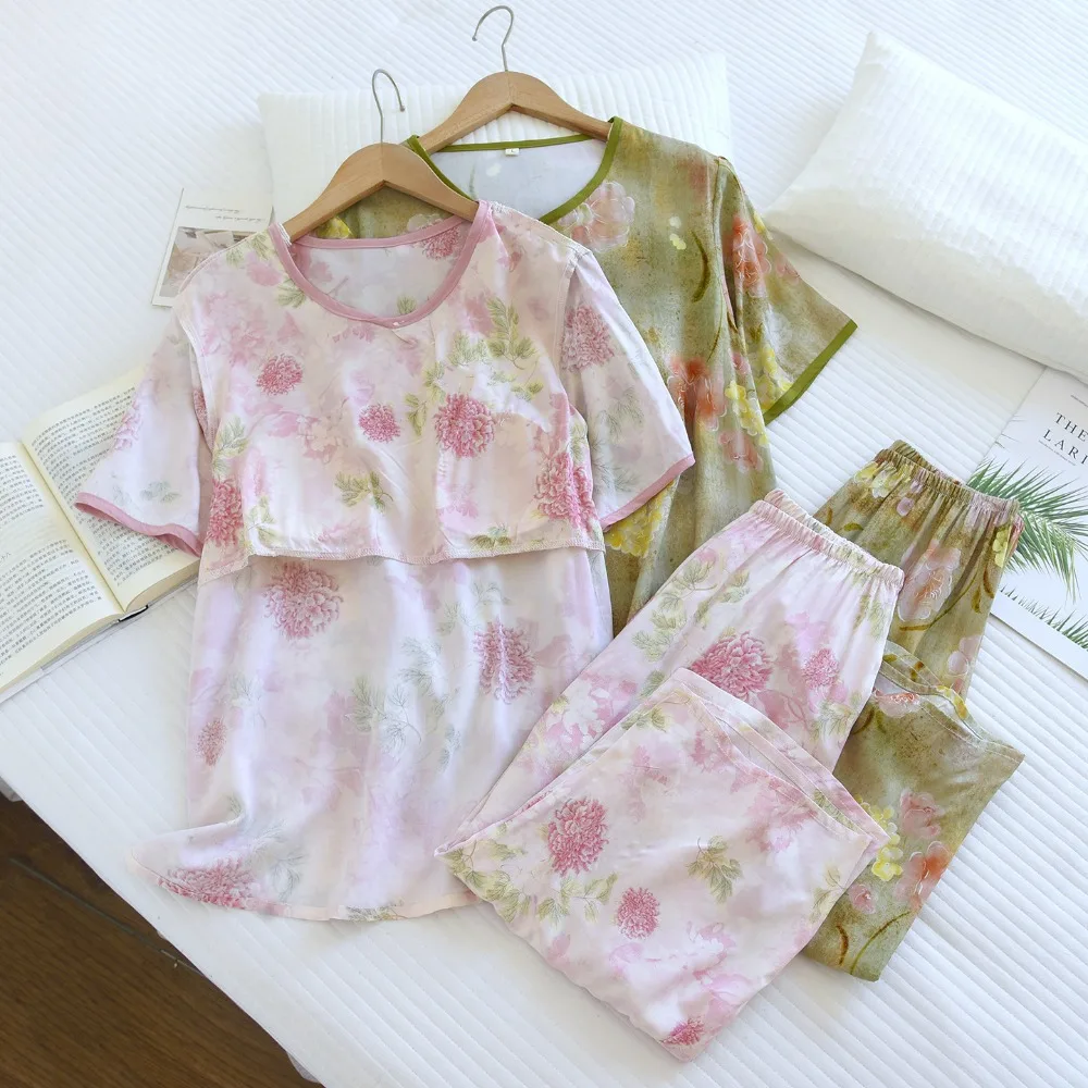 

Women's Home Clothes Chest Pads Short Sleeve Sleepwear Summer Wear Pajama Floral 2 Piece Night Wear Female Pyjama Homewear