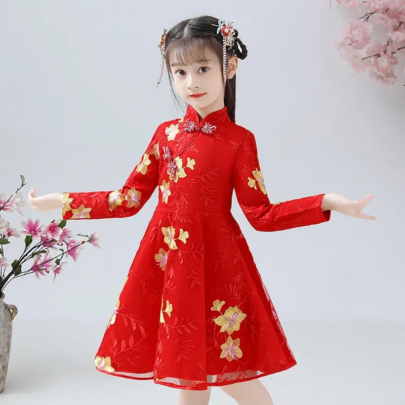 

Girls Hanfu Skirt Children's Long-sleeved Plus Velvet Thickened Chinese Style Tang Suit Cheongsam Princess Skirt