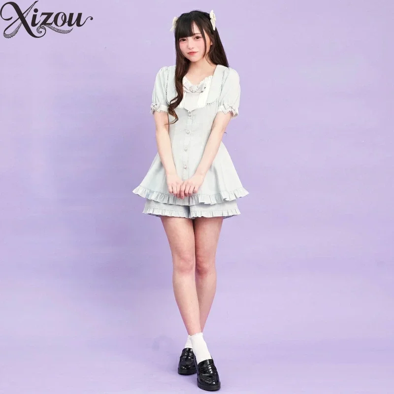 2025 vestido de verano pantalón japonés dulce lindo conjunto de dos piezas manga corta abombada arco rayas Top traje de Lolita volante cuello cuadrado